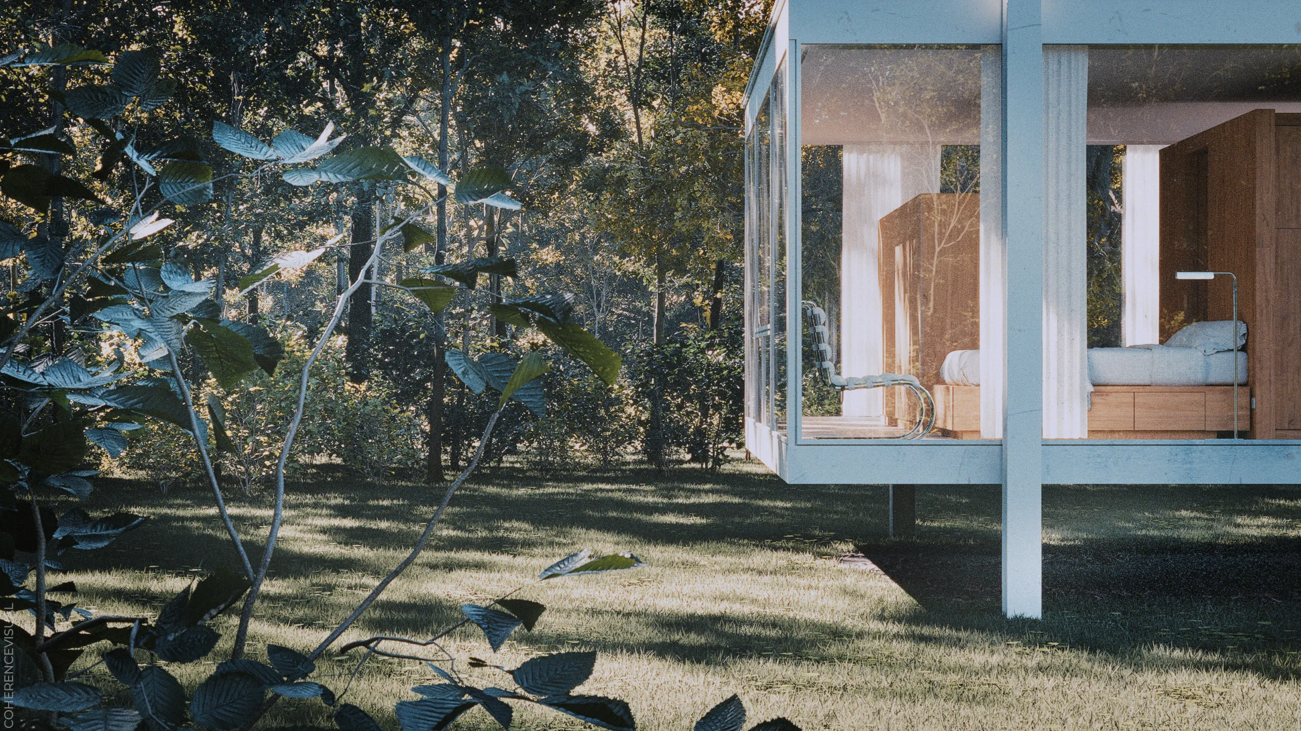 Farnsworth House - back side elevation - You can see the sleeping area with a modern chair