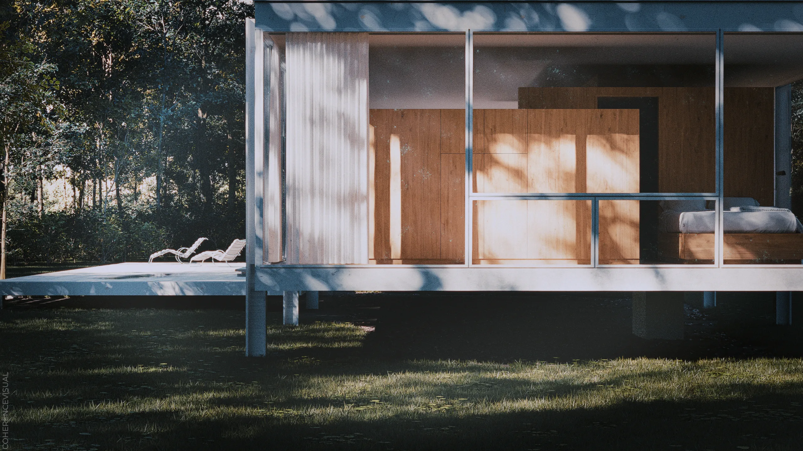 ARCHITECTURAL RENDERINGS - Farnsworth House - back side elevation - You can see the sleeping area and the wardrobe.