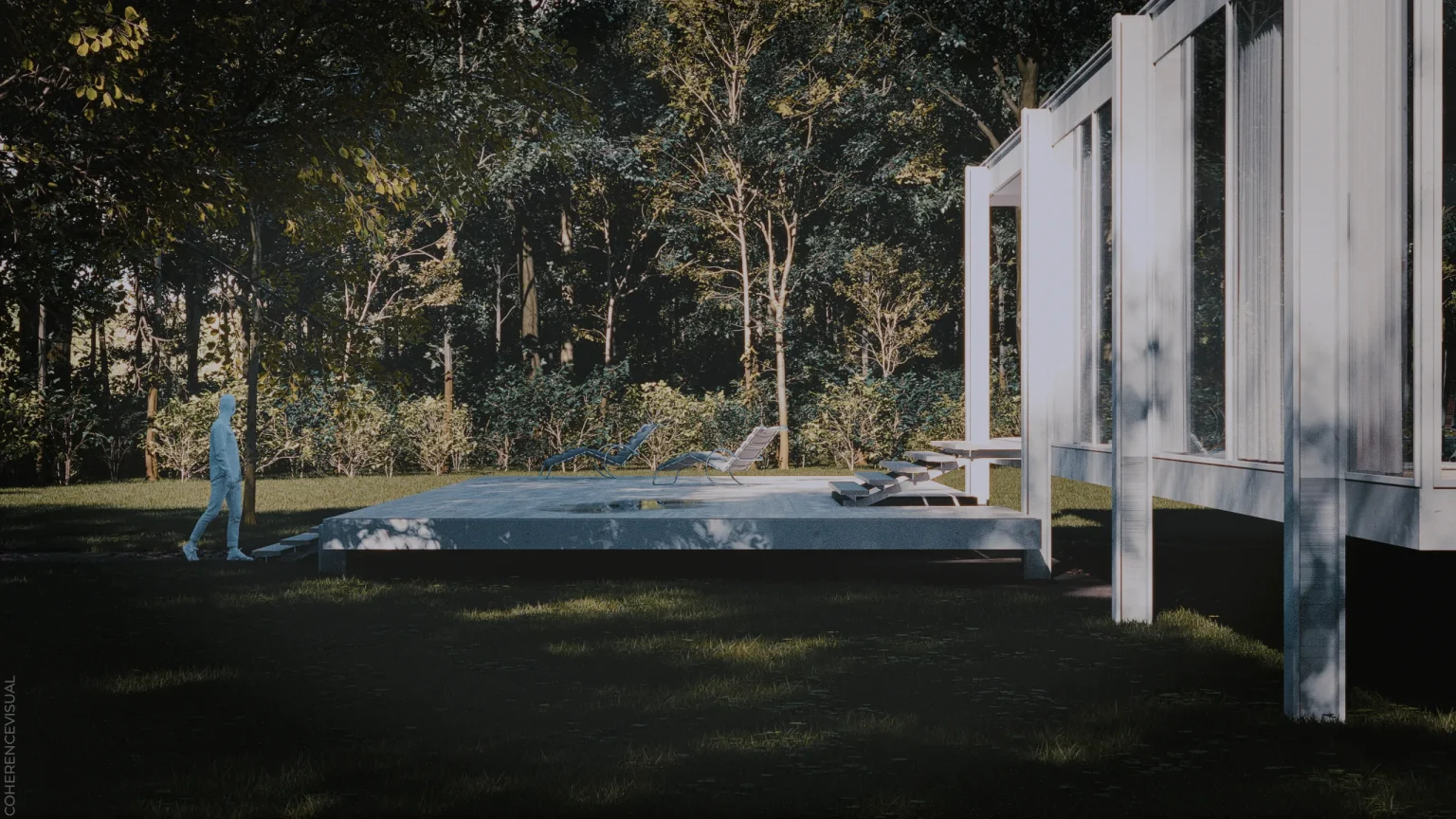 Farnsworth house - seide elevation in the morning -You can see the lower terrace