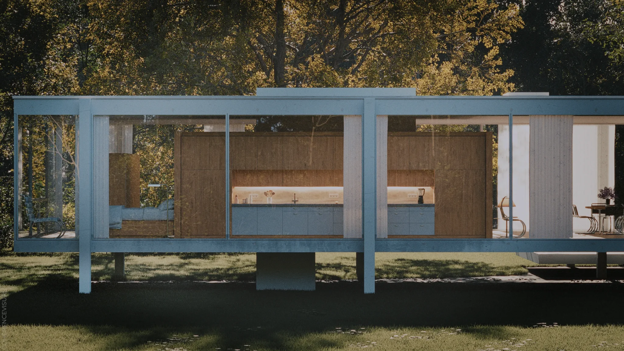 Farnsworth house - back side elevation in the morning - There is a big tree in the background of the building. The sun shines through the leaves of the tree.