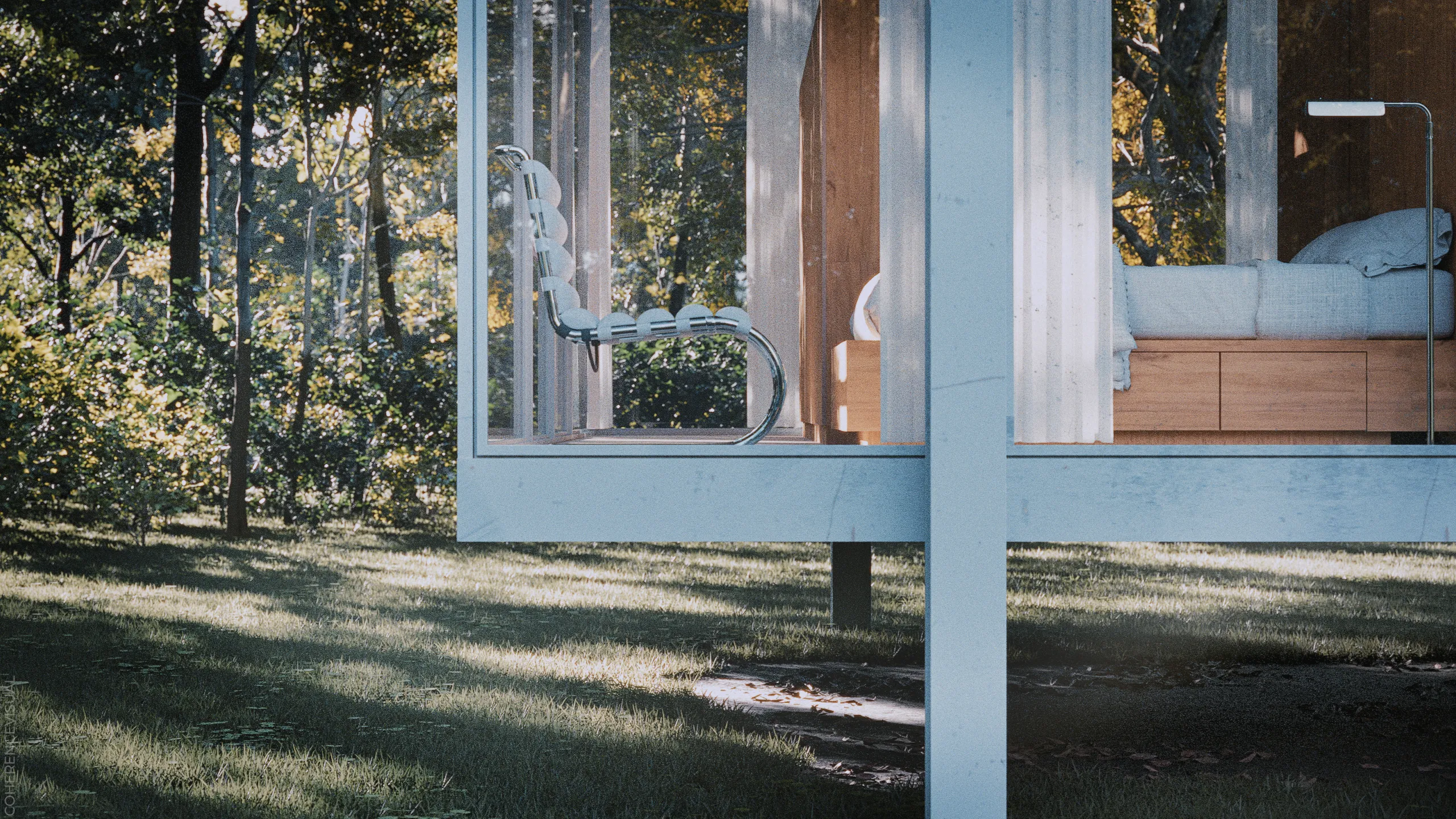 Farnsworth House - back side elevation - You can see the sleeping area with a modern chair. There are white curtains behind the glasses of facade.