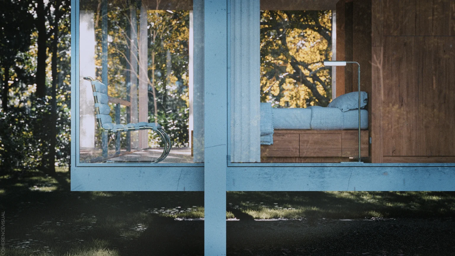 Farnsworth House - back side elevation - You can see the sleeping area with a modern chair. There are white curtains behind the glasses of facade. Focus on the chair and the bed.
