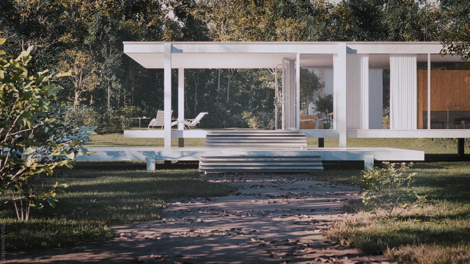 Farnsworth house - front elevation with a simple forest path.