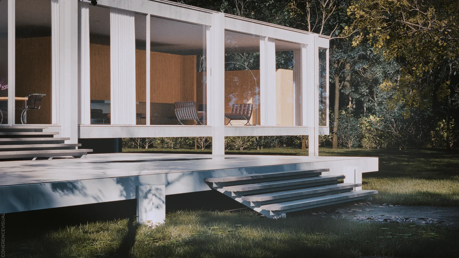 Farnsworth house - side elevation with a simple forest path.