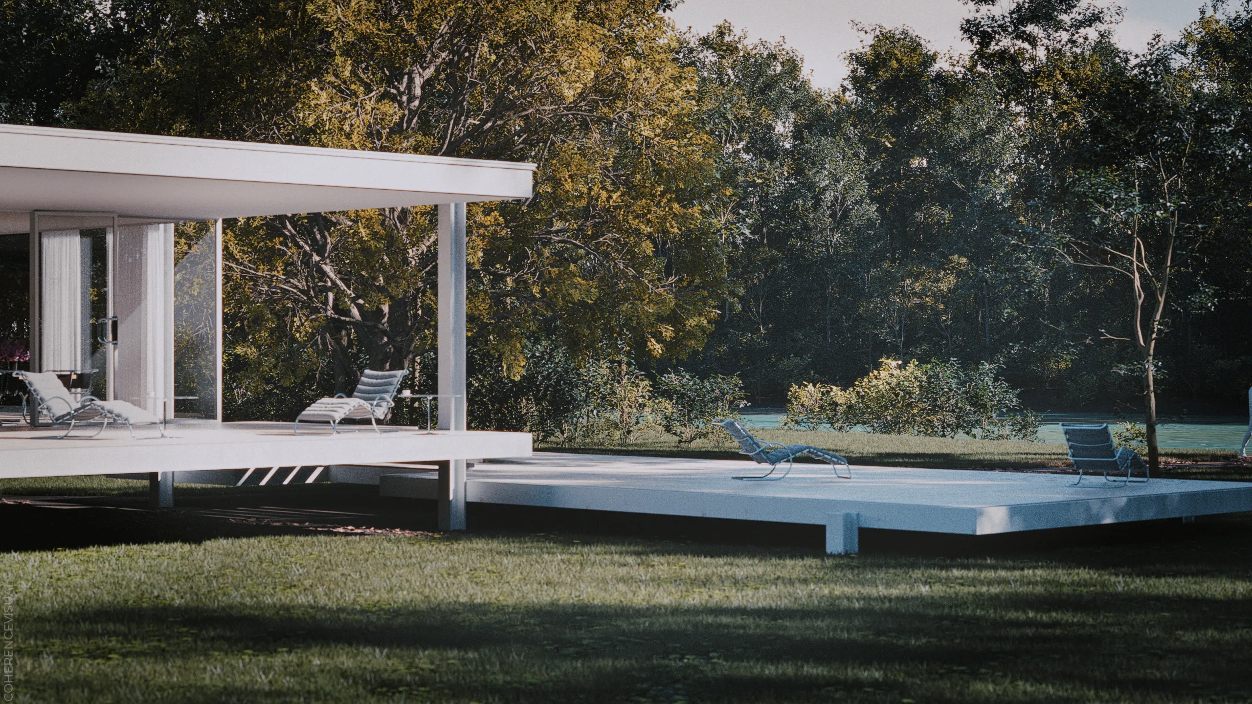 Farnsworth house - A perspective view, focus on terraces and Fox River in the background