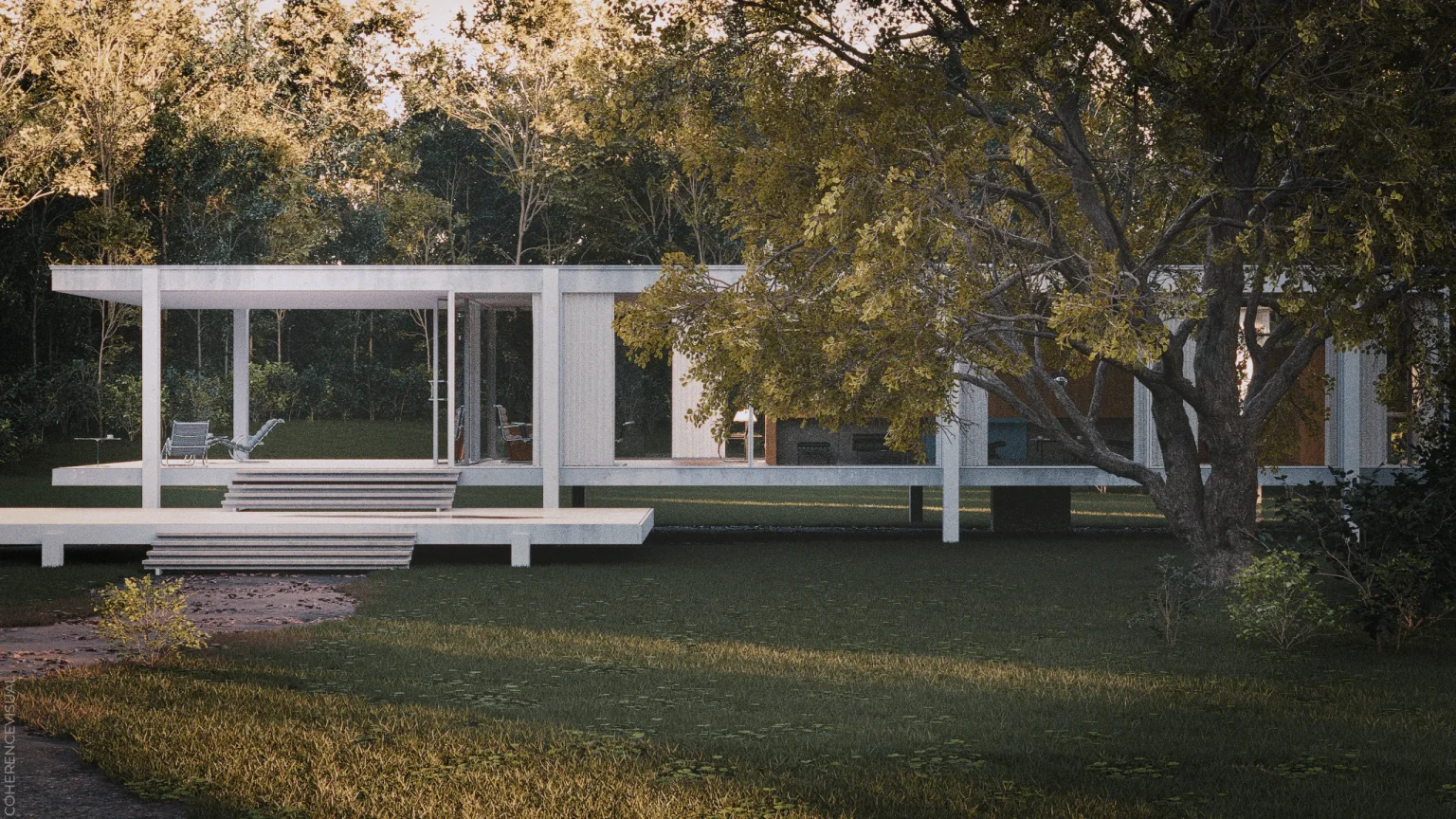 Farnsworth house - front elevation in the morning - It's a modern looking style building with steel beams and glasses. You can see inside of the building from every direction. There are a lot of tree around the building.