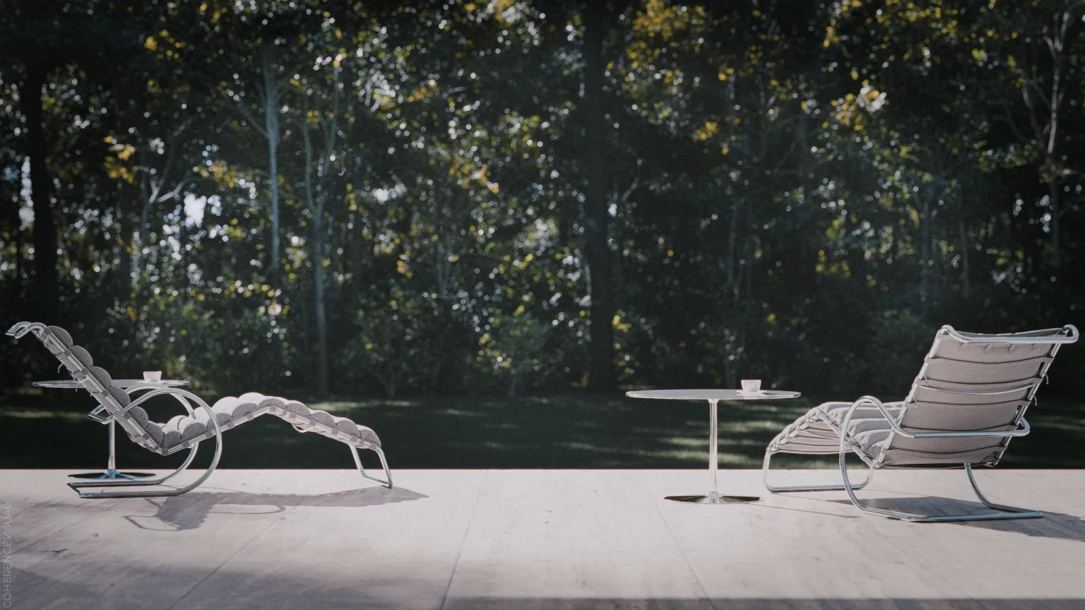 Architectural animation - Farnsworth house - focus on the upper terrace with loungers and coffee tables with cup of coffees