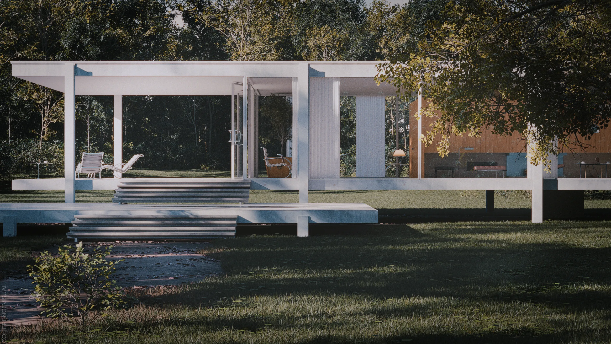 Farnsworth house - front elevation, in front of the house there is a grassy area
