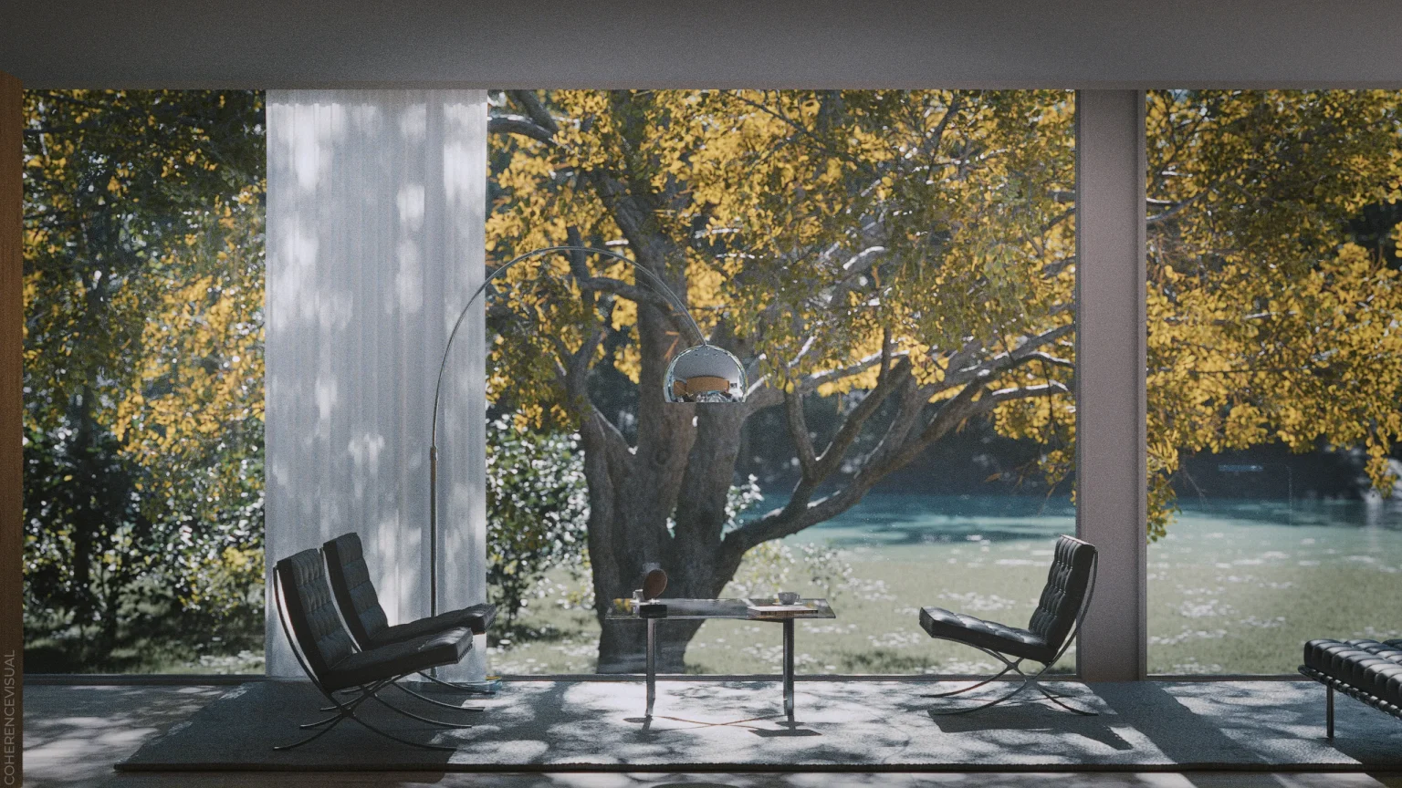 Farnsworth house - inside area, looking out of the living area to the big tree in front of the house