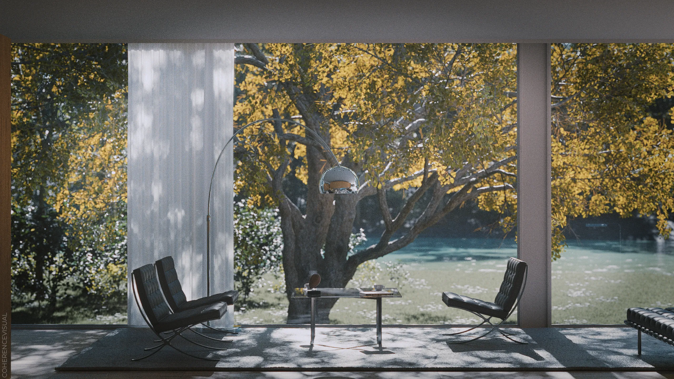 Farnsworth house - inside area, looking out of the living area to the big tree in front of the house