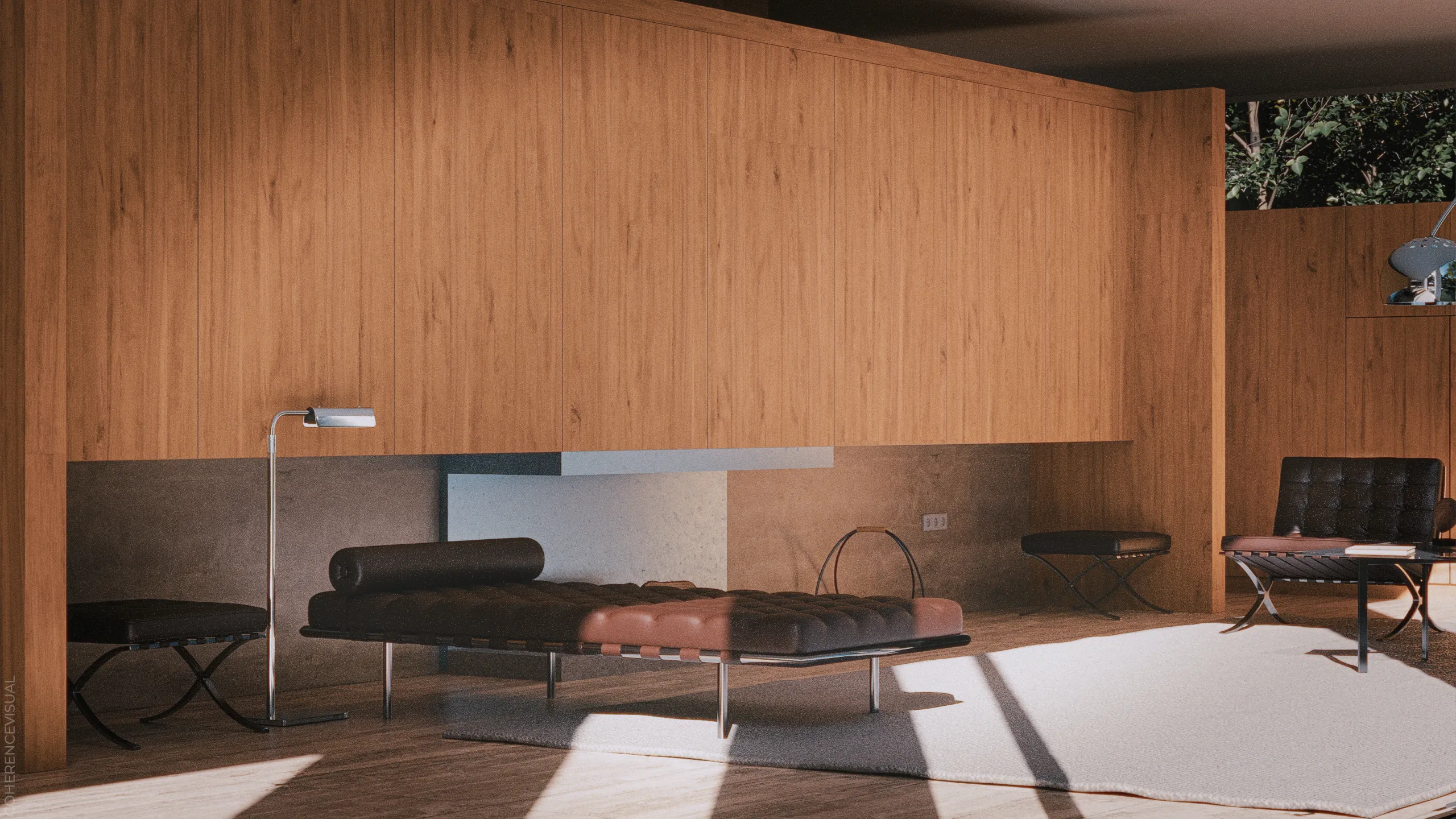 Farnsworth house - inside area, living area with seathings and a fireplace, and a floor lamp