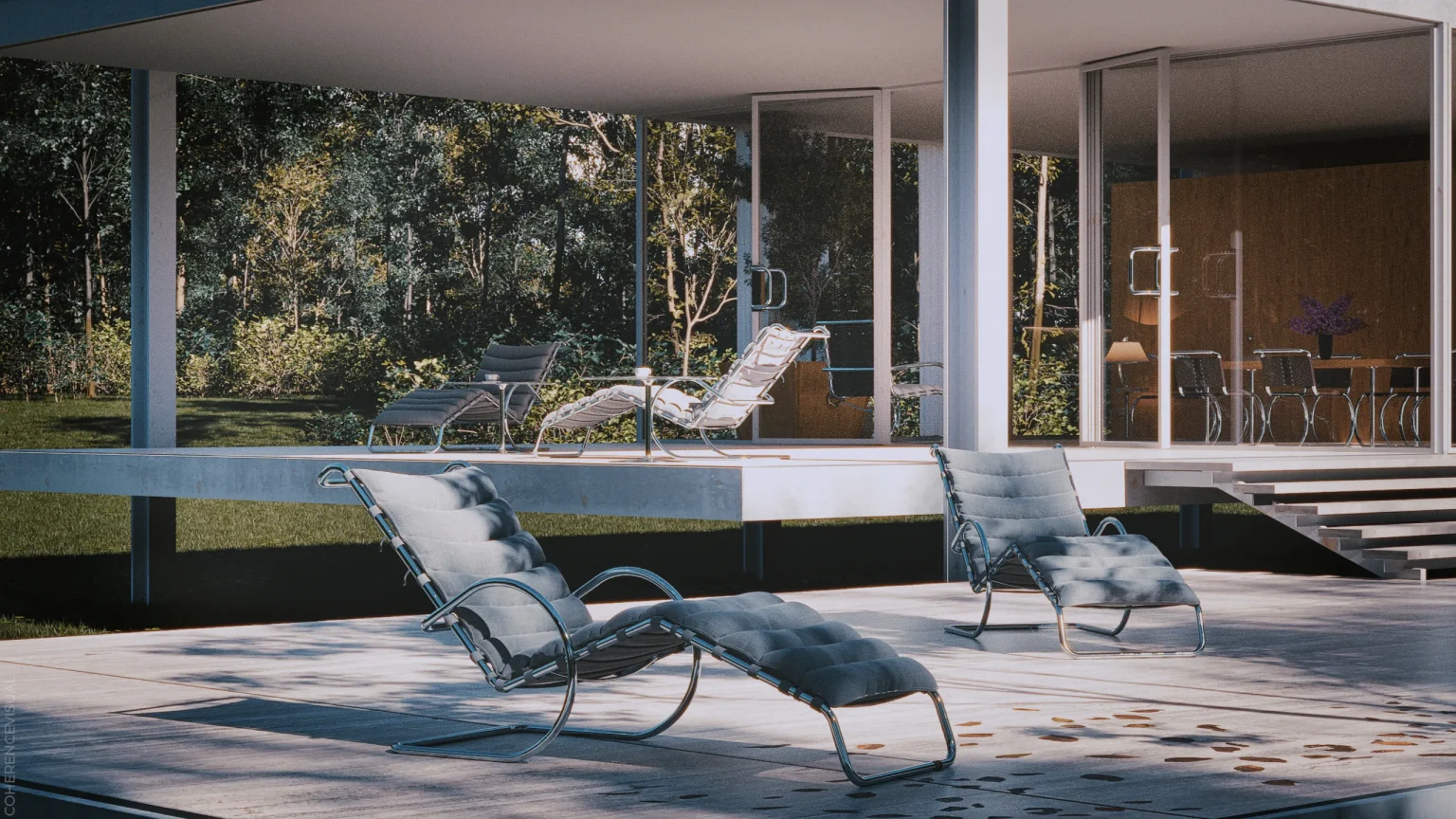 Digital Model - Farnsworth House - exterior area, perspective - lower and upper terrace with loungers