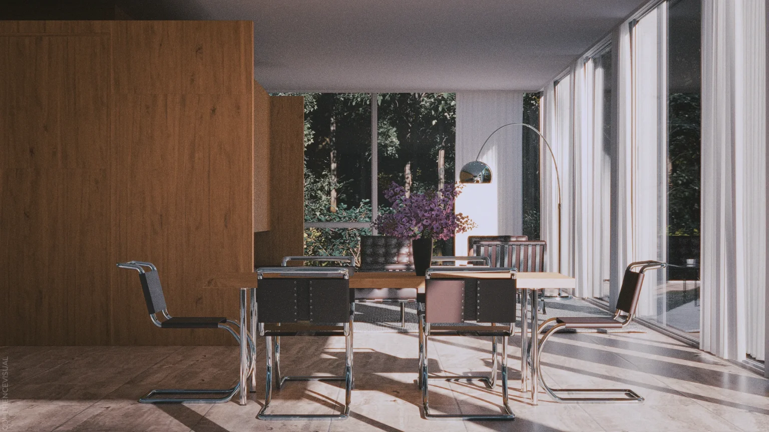 Farnsworth House - inside area, dining area with a huge dining table and 6 chairs around it