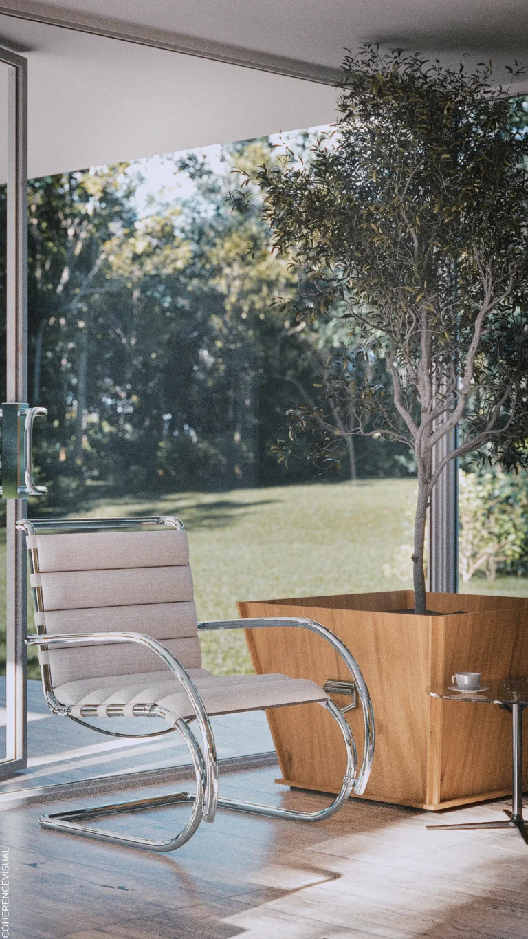Farnsworth House - inside area, next to the entrance there is a chair, next to it a large wood box with an olive tree as indoor plant