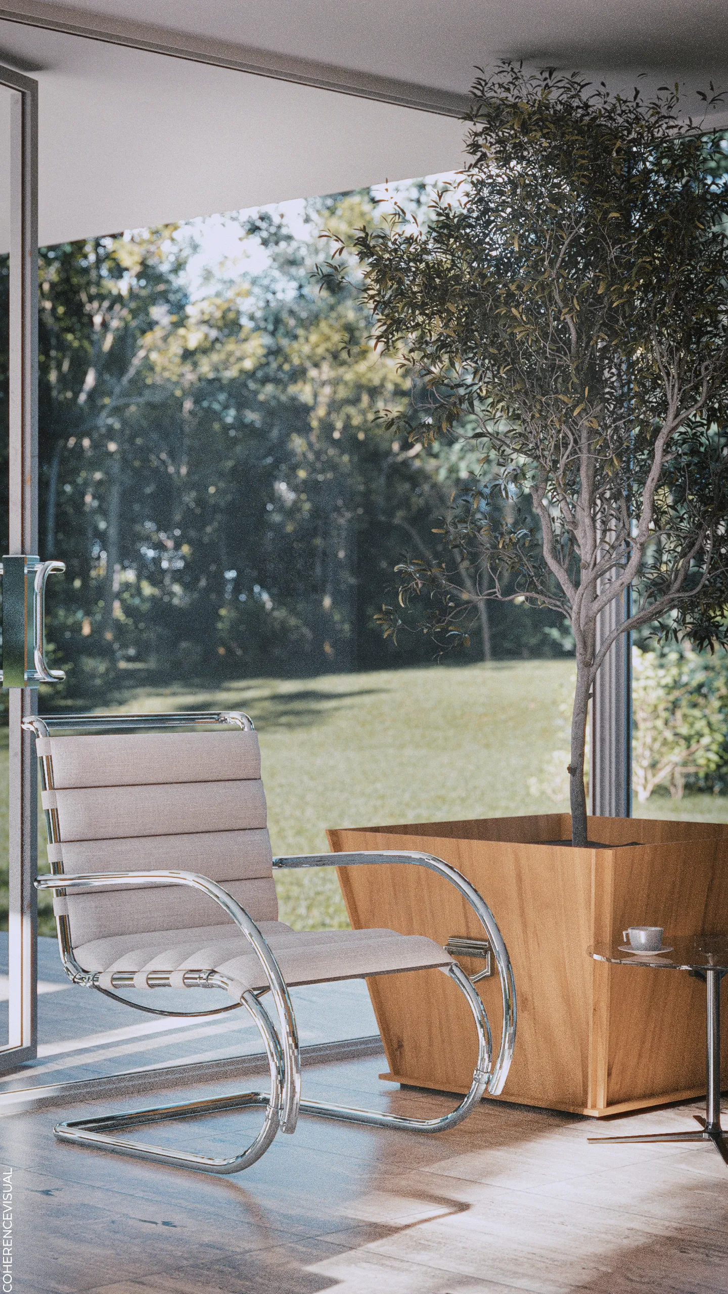 Farnsworth House - inside area, next to the entrance there is a chair, next to it a large wood box with an olive tree as indoor plant