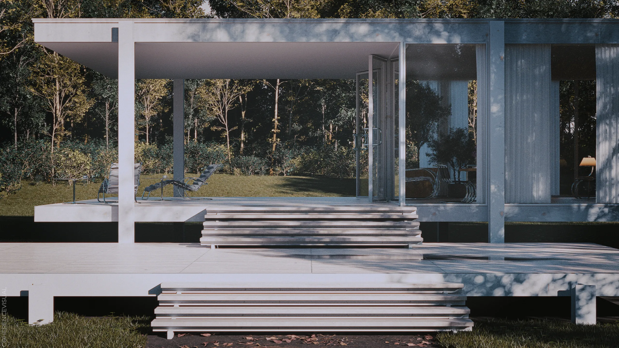 Farnsworth House - terrace in the sun - front elevation - focus on stairs