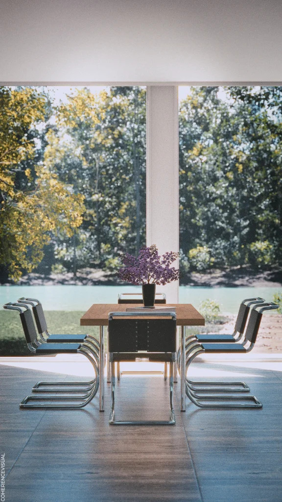 Farnsworth House - inside area, dining area with a huge dining table and 6 chairs around it. On the table there is a vase with purple flowers.
