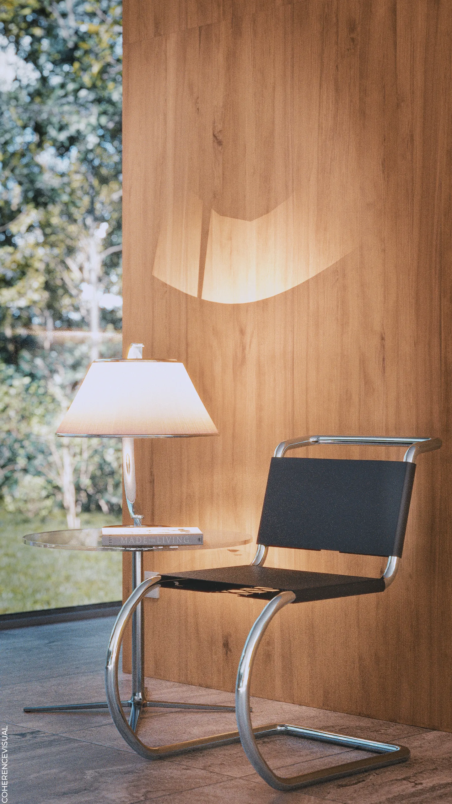 Farnsworth House - inside area, next to the kitchen there is a chair and a coffee table and a lamp on it with a book: Made for Living