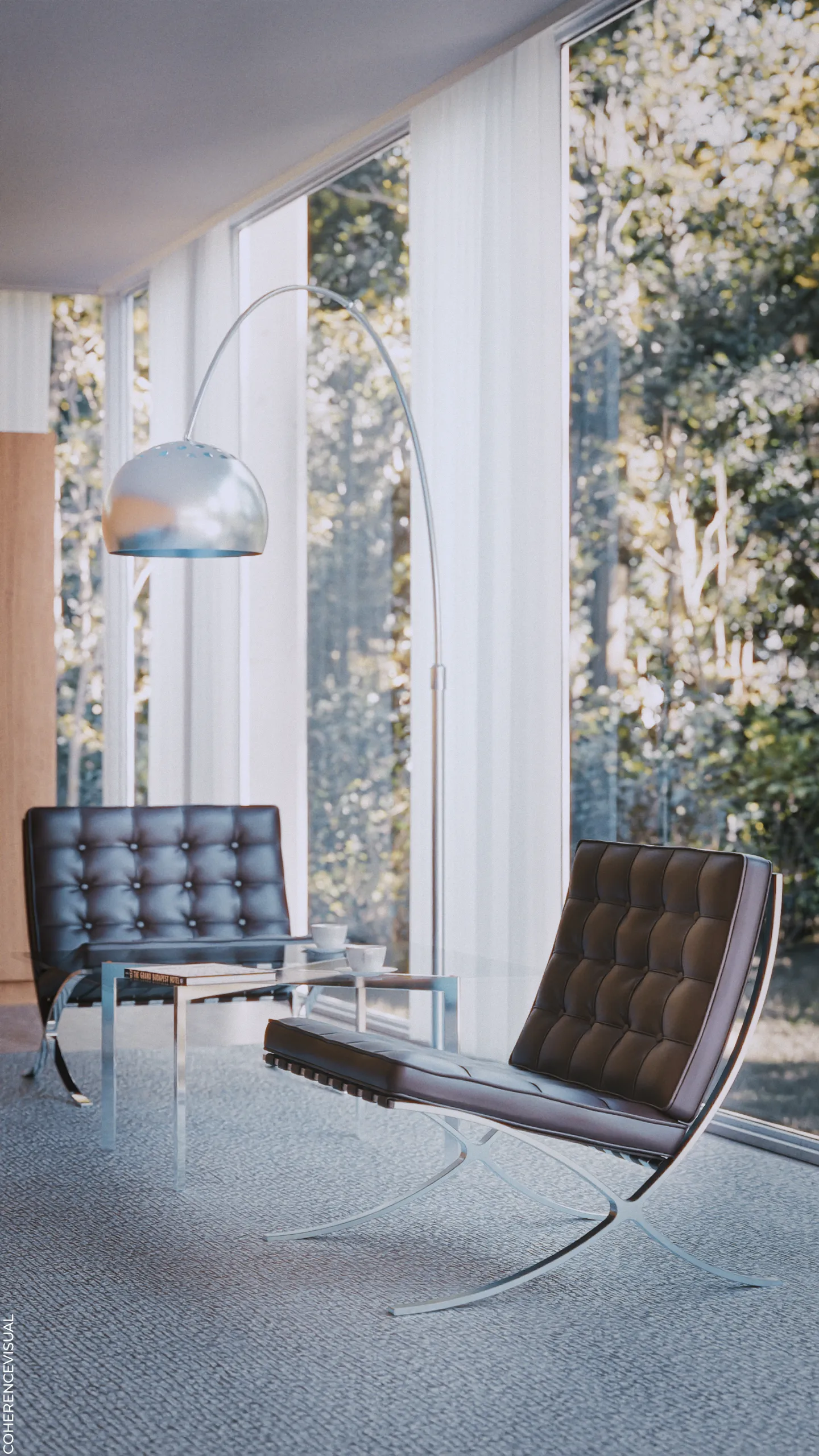 Farnsworth House - inside area, living area with a coffee table with 2 cup of coffee and there is a book on the table: The Grand Budapest hotel.