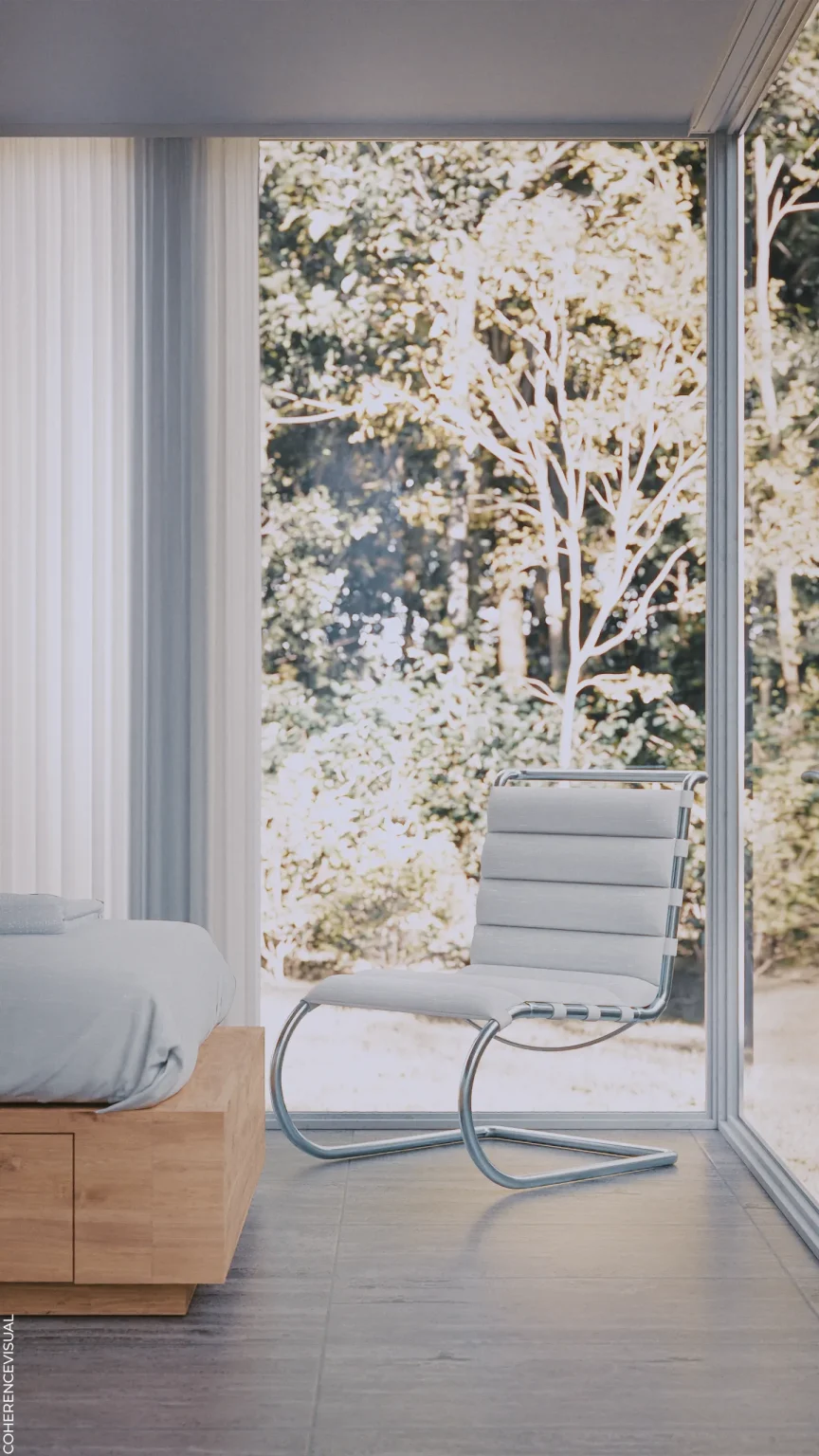 Farnsworth House - inside area, sleeping area with a chair.
