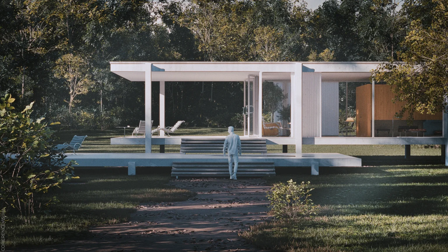 The Farnsworth House - front elevation - whit a model man in front of the stairs to see the scale