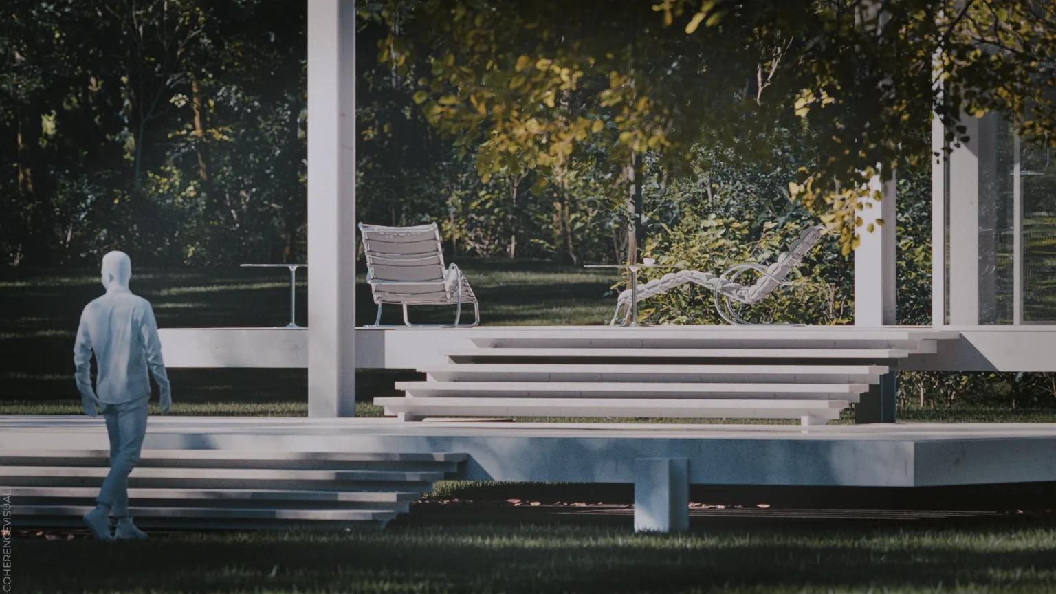 The Farnsworth House - front elevation - with a model man in front of the stairs to see the scale - focus on the stairs