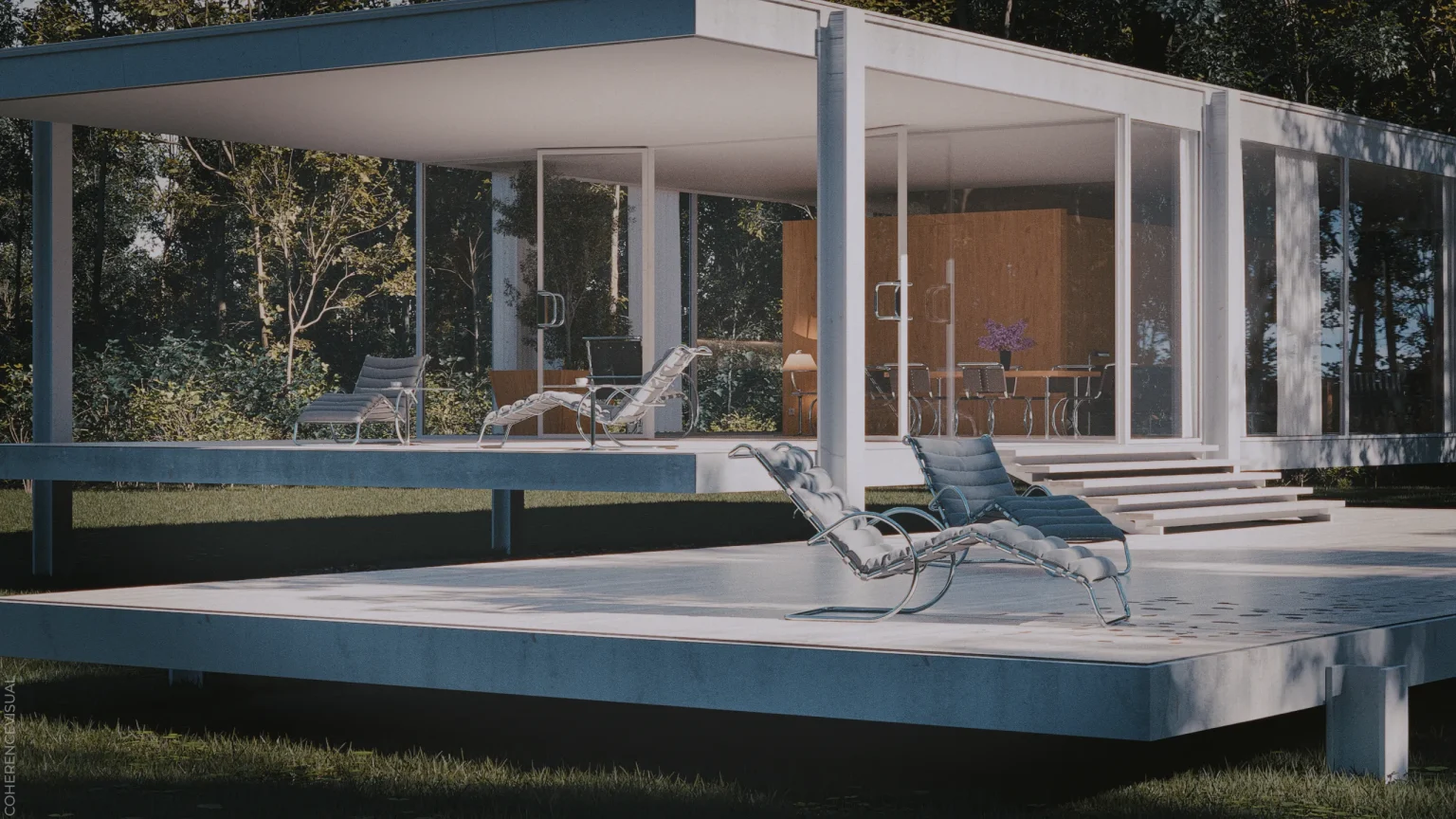 The Farnsworth House - side elevation - with loungers