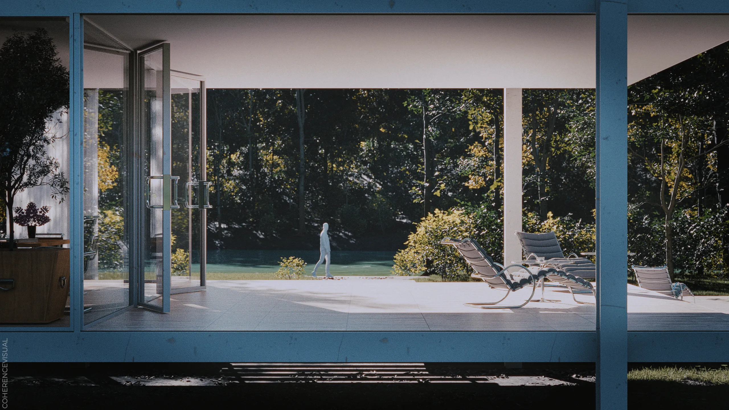 Architectural visualization, Architectural rendering - Farnsworth House entrance with a double door, in front of the doors is a terrace with deck chairs