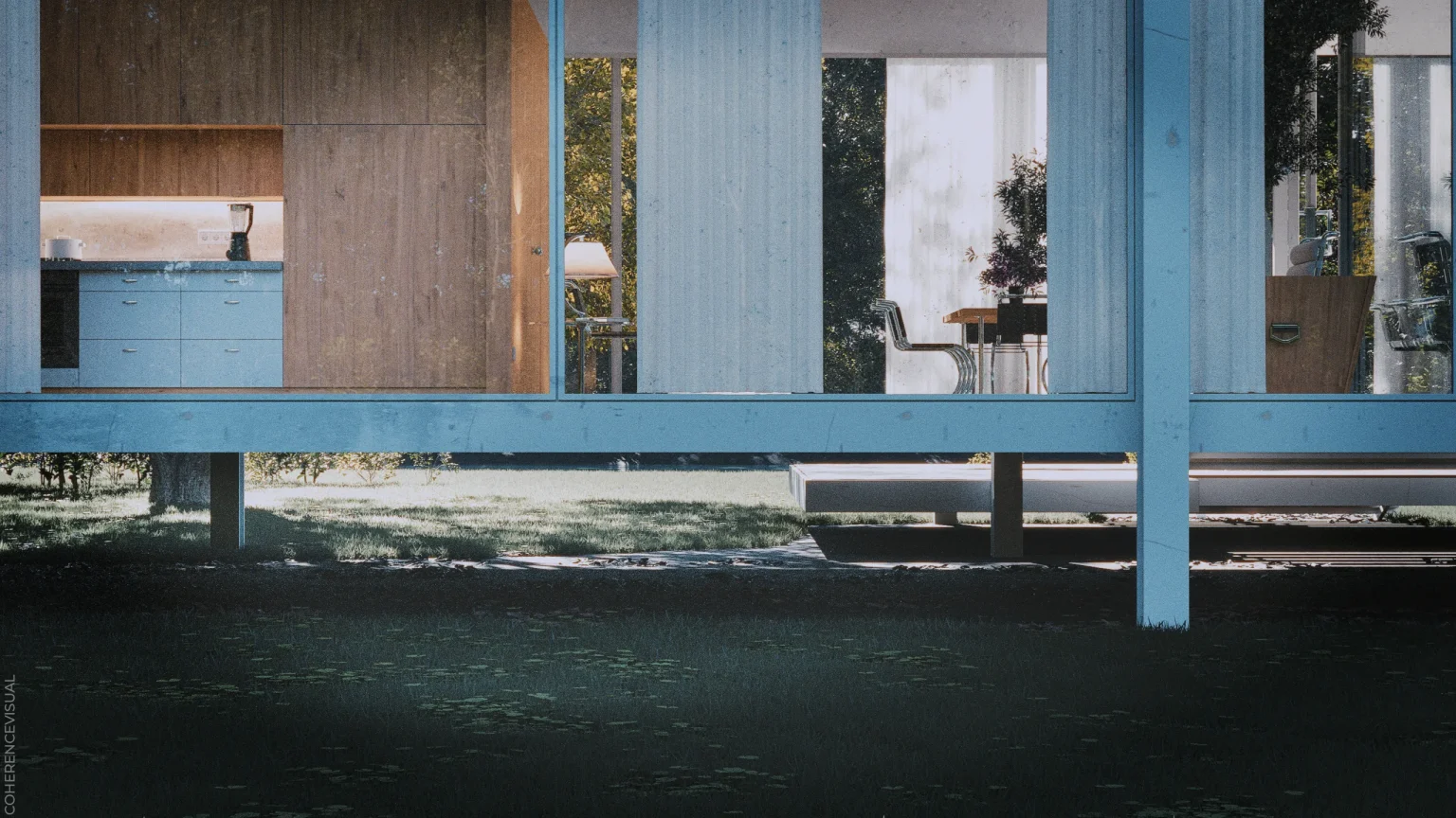 Farnsworth House - back side elevation - You can see the half of the kitchen and tha dining area